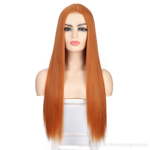 Wholesale Price Long Silky Straight Wave Middle Part Small Part Lace Pre Plucked Orange Cosplay Party Synthetic Hair Wigs
